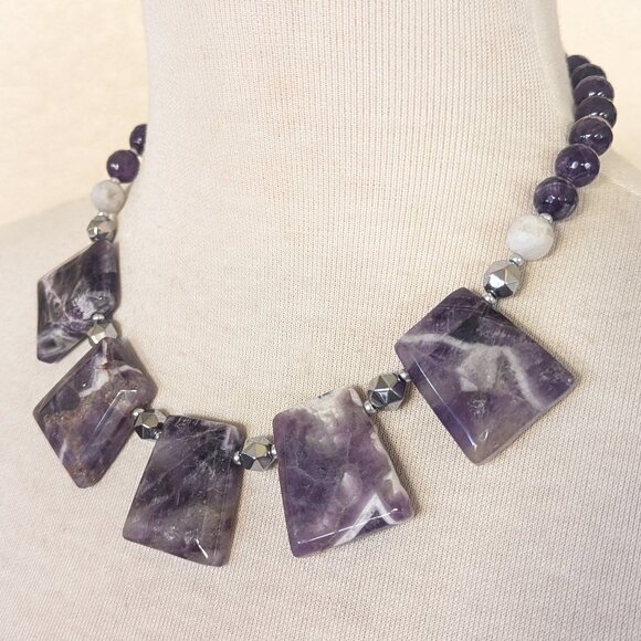 Elegant Purple Amethyst, Moonstone & Hematite  Bib Statement Necklace - Picture 2 of 3